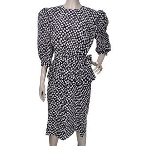 Vintage 80s Sabino Bubble Circle Eyeballs Print Bow Peplum Puff Sleeve Dress